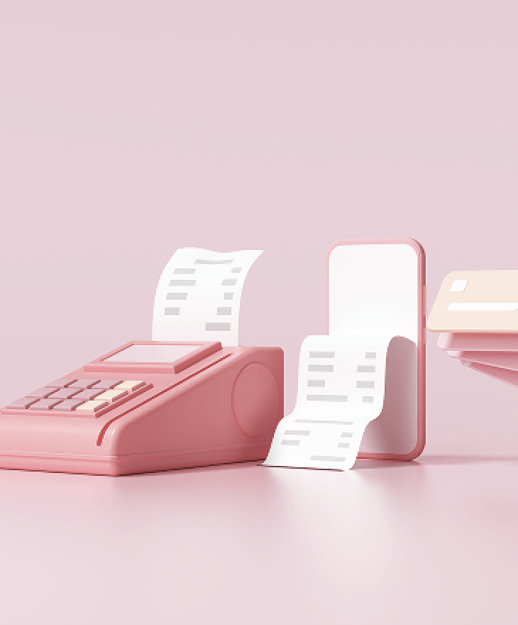 3D render of a pink cash register and credit card on a matching pink background.