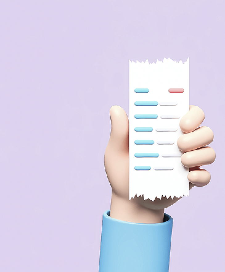 A 3D illustration of a hand holding a torn paper receipt with horizontal colored lines, against a light purple background.