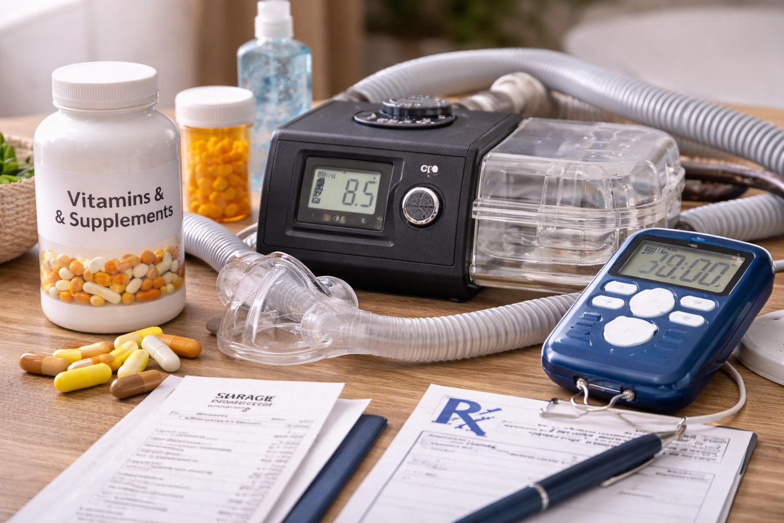 A medical inhaler and various healthcare items arranged neatly on a table.