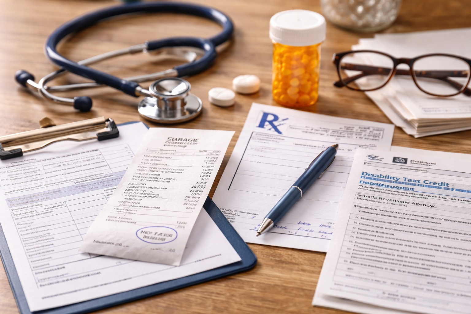 Medical documents and a prescription pad are neatly arranged on a wooden desk.