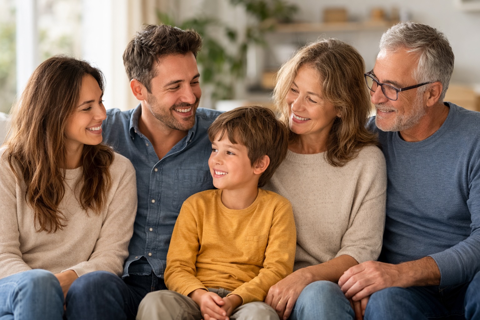 A family of four sitting closely together on a couch, smiling and enjoying each other's company in a cozy living room.