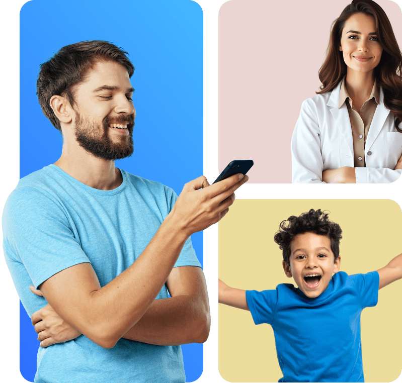 man with a phone, a woman doctor and a child